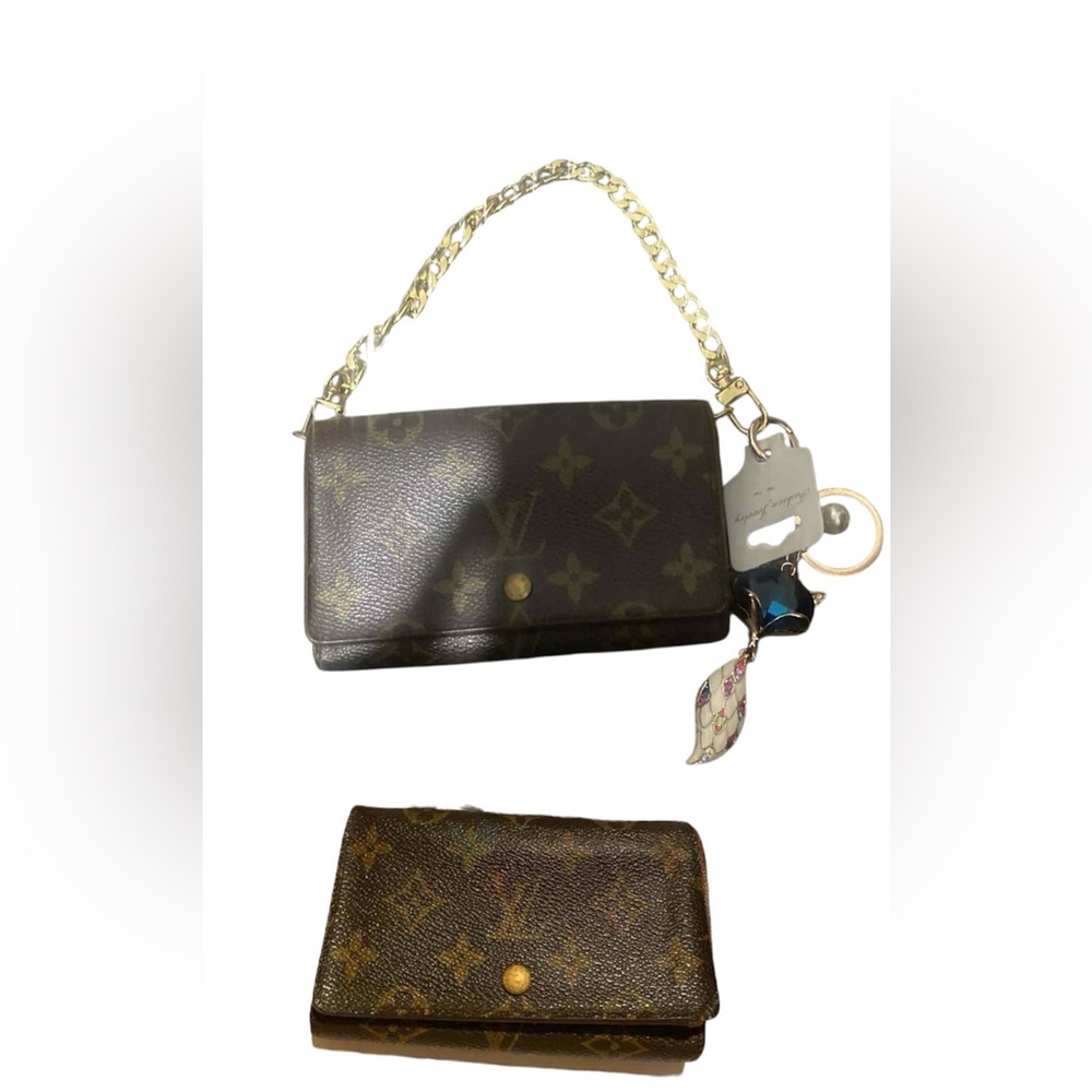 Louis Vuitton Brown Monogram Clutch with wallet bundle Gold Accents